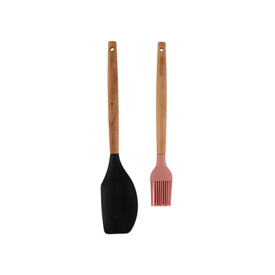 Royalford RF12319 2PC Silicone Kitchen Tools Set | Wooden Handle | BPA Free Food Grade Silicone Spatula Scraper & Oil Brush | Non Stick Safe Cooking Baking  Utensils Set