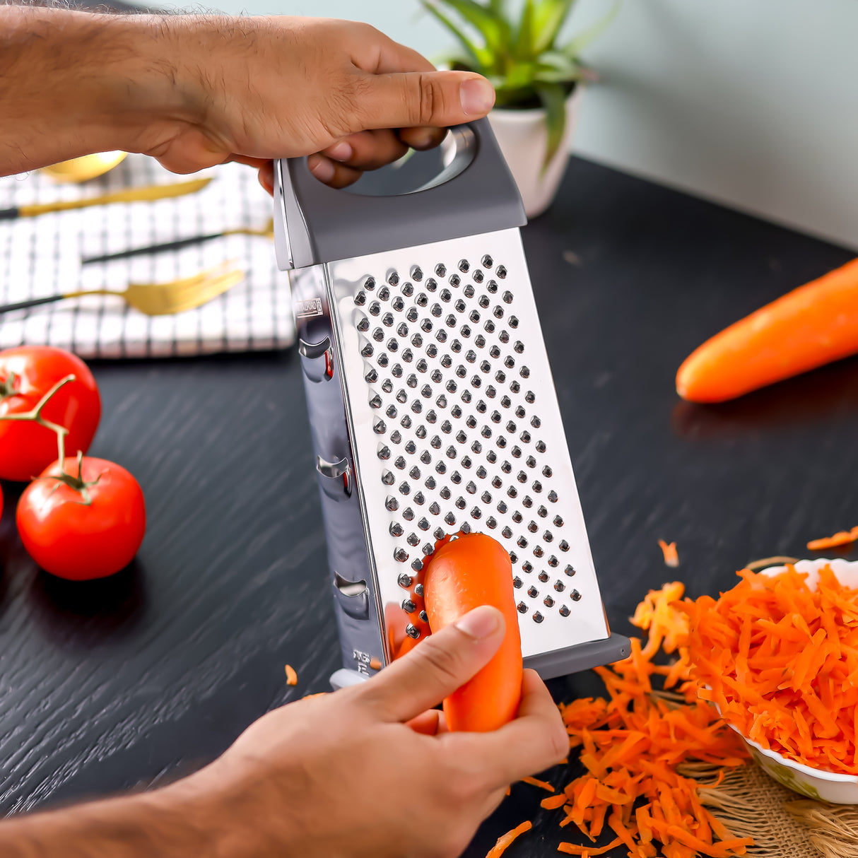 Royalford RF12344  4-Sided Stainless Steel Grater| ultra-sharp blades & ergonomic handle, non-slip base| Multi-function kitchen tool, slicing, shredding & grating easily|