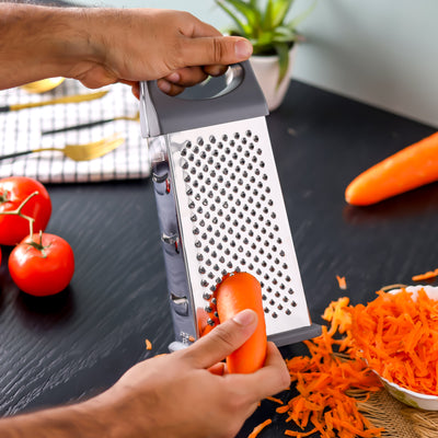 Royalford RF12344  4-Sided Stainless Steel Grater| ultra-sharp blades & ergonomic handle, non-slip base| Multi-function kitchen tool, slicing, shredding & grating easily|