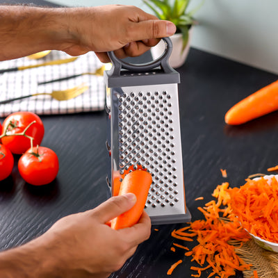 Royalford RF12345 4-Sided Stainless Steel Grater| ultra-sharp blades, durable ABS handle and non-slip TPR base| Ideal for slicing, shredding, and grating with precision|