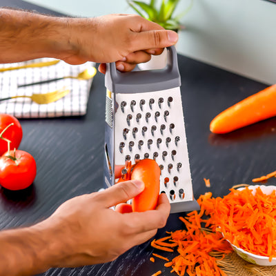 Royalford RF12347 4-Sided Stainless Steel Grater| ultra-sharp blades & sturdy ABS handle|  non-slip TPR base for safe, efficient slicing, shredding, and grating tasks|
