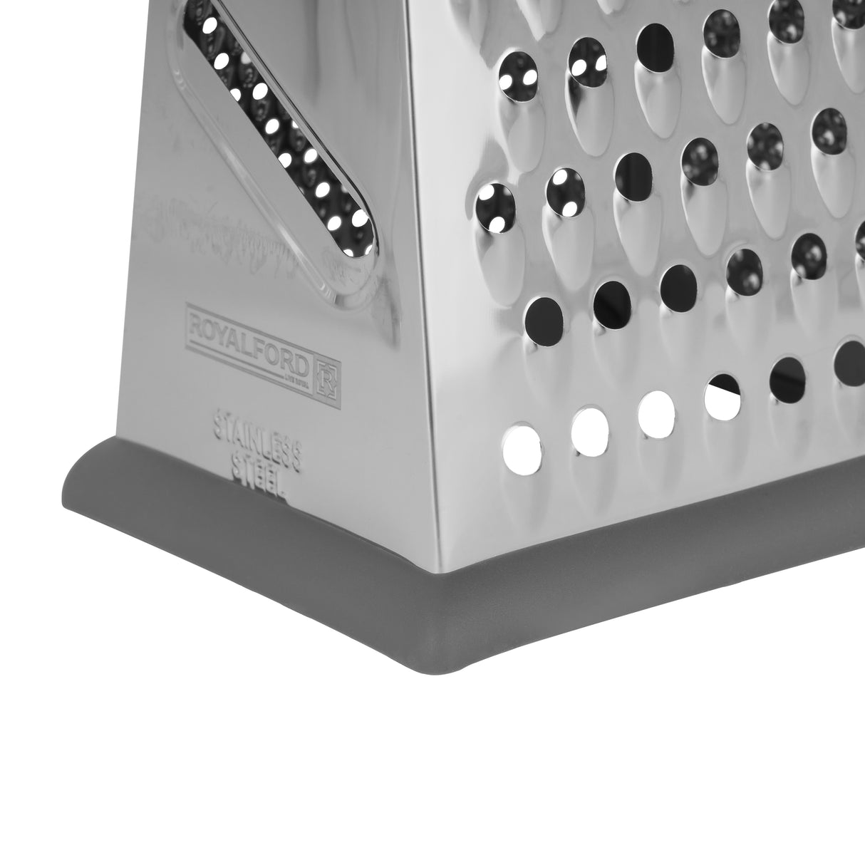 Royalford RF12347 4-Sided Stainless Steel Grater| ultra-sharp blades & sturdy ABS handle|  non-slip TPR base for safe, efficient slicing, shredding, and grating tasks|