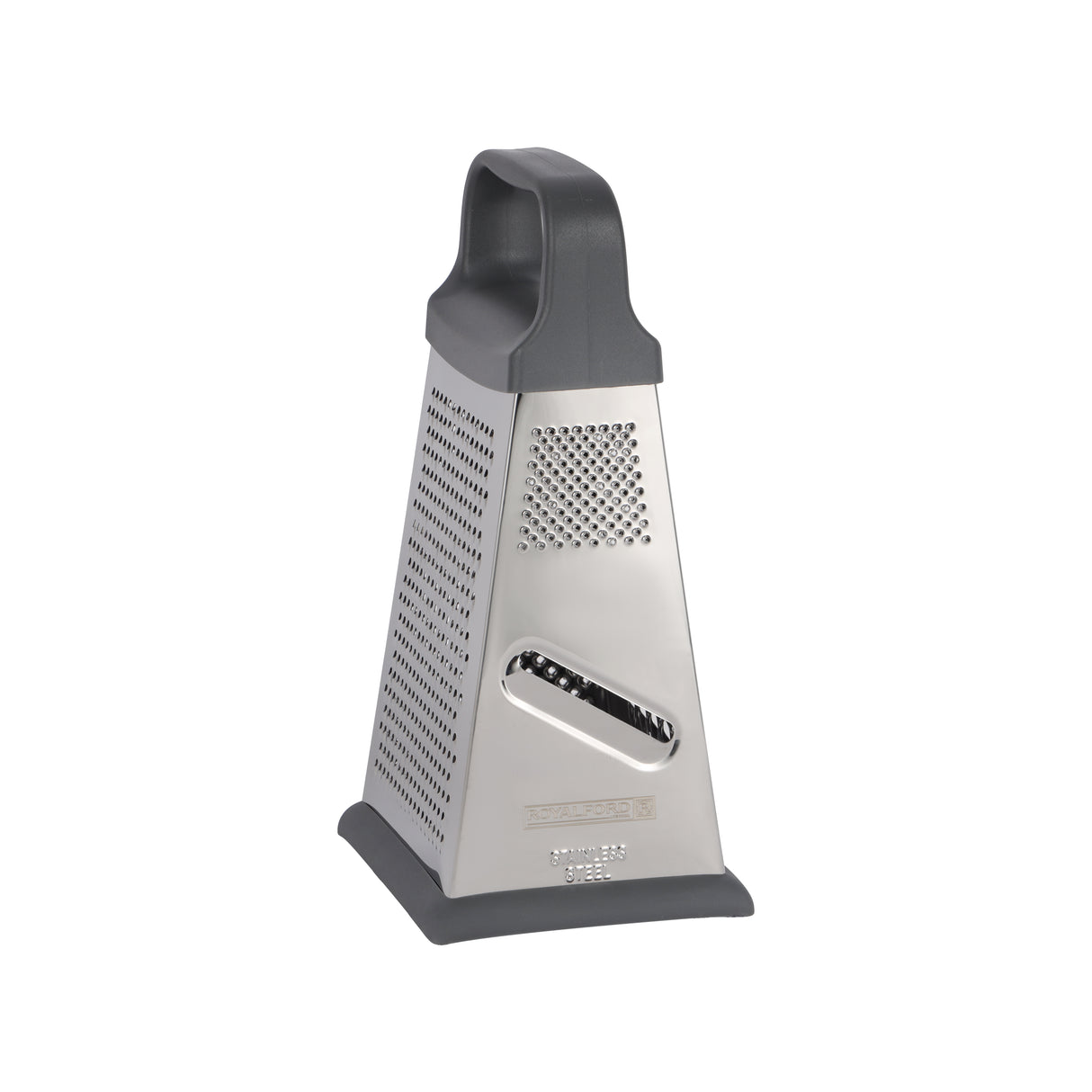 Royalford RF12347 4-Sided Stainless Steel Grater| ultra-sharp blades & sturdy ABS handle|  non-slip TPR base for safe, efficient slicing, shredding, and grating tasks|