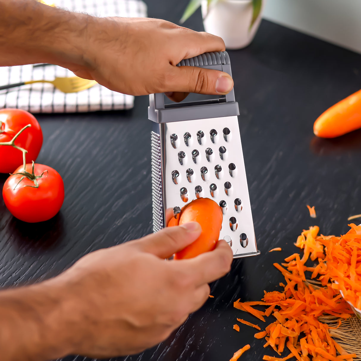 Royalford RF12348  4-Sided Grater| stainless steel blades offers 4 cutting styles 7 ergonomic handle| durable box design, ideal for slicing, shredding & grating|