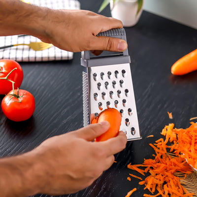 Royalford RF12348  4-Sided Grater| stainless steel blades offers 4 cutting styles 7 ergonomic handle| durable box design, ideal for slicing, shredding & grating|