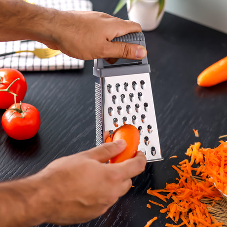 Royalford RF12348  4-Sided Grater| stainless steel blades offers 4 cutting styles 7 ergonomic handle| durable box design, ideal for slicing, shredding & grating|