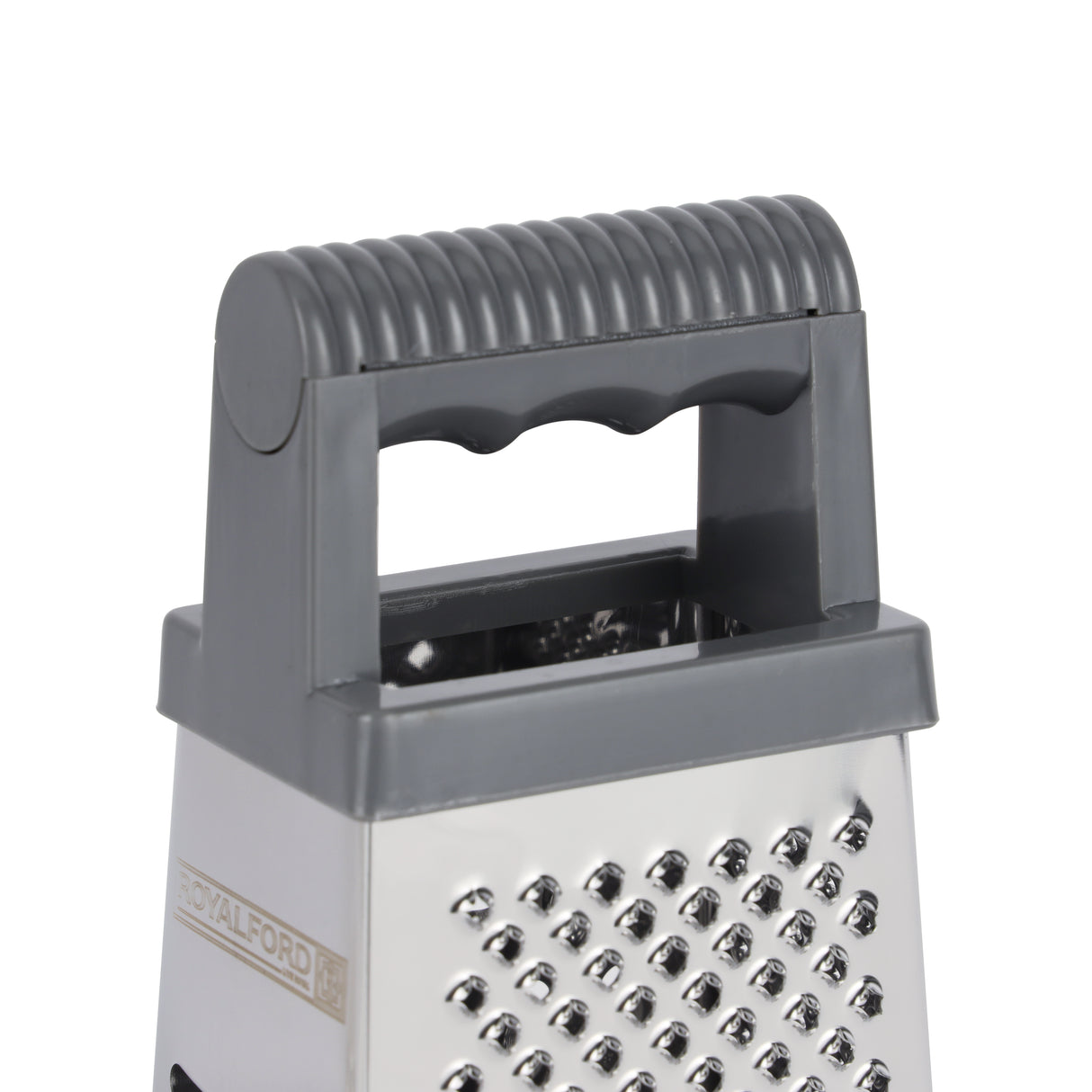 Royalford RF12348  4-Sided Grater| stainless steel blades offers 4 cutting styles 7 ergonomic handle| durable box design, ideal for slicing, shredding & grating|