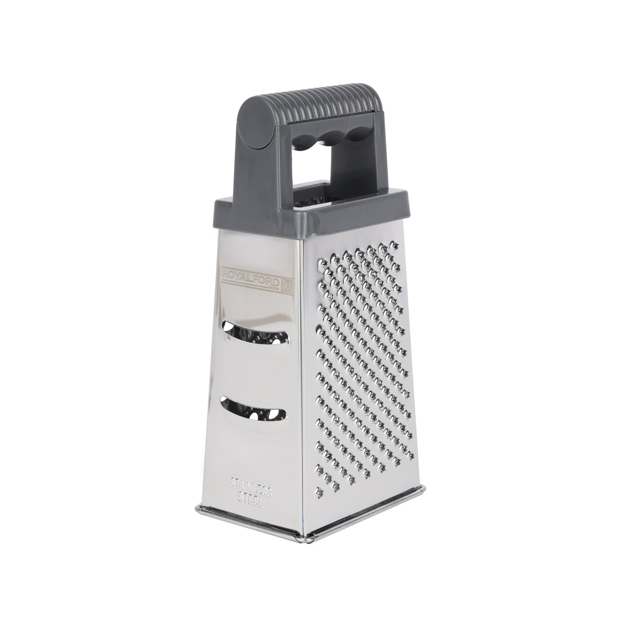 Royalford RF12348  4-Sided Grater| stainless steel blades offers 4 cutting styles 7 ergonomic handle| durable box design, ideal for slicing, shredding & grating|