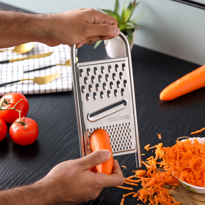 Royalford RF12351 3-in-1 stainless steel grater| multi blades, perfect for slicing & shredding| grating vegetables, cheese and more, durable non-slip base for safe use|