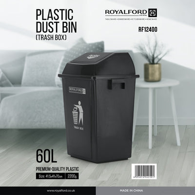 Royalford RF12400 60L Plastic Dust Bin with Push Lid| Premium Quality Trash Box for Home, Office, Kitchen & Commercial Waste Management Use Indoor Outdoor Applications