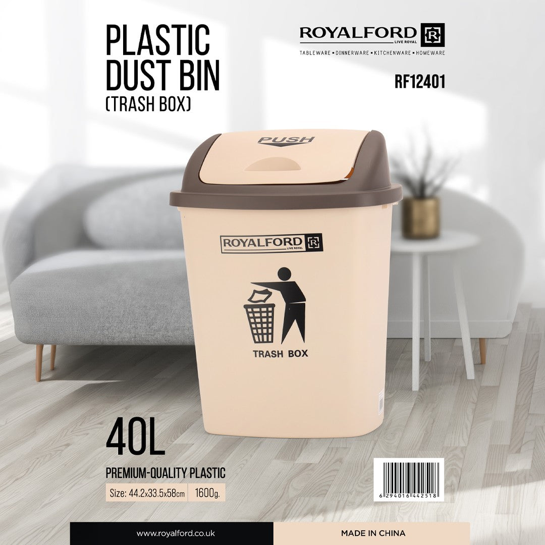 Royalford RF12401 Plastic Dust Bin 40L |  Push Lid Durable Premium Plastic Trash Box | Perfect  For Home, Office, Kitchen, Bathroom, Bedroom &  Commercial  Use