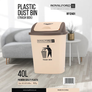 Royalford RF12401 Plastic Dust Bin 40L |  Push Lid Durable Premium Plastic Trash Box | Perfect  For Home, Office, Kitchen, Bathroom, Bedroom &  Commercial  Use