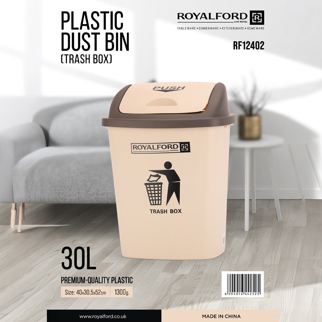 Royalford RF12402 30L Plastic Dust Bin | Push Lid | Durable Premium Trash Box for Home ,Office,  Kitchen  and  Bathroom Use | Easy-Clean  and Space-Saving Design