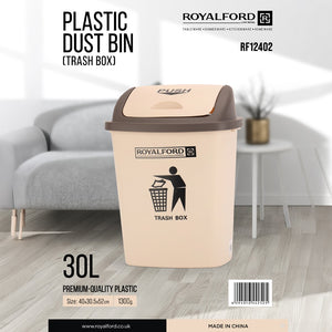 Royalford RF12402 30L Plastic Dust Bin | Push Lid | Durable Premium Trash Box for Home ,Office,  Kitchen  and  Bathroom Use | Easy-Clean  and Space-Saving Design