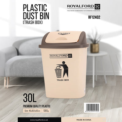 Royalford RF12402 30L Plastic Dust Bin | Push Lid | Durable Premium Trash Box for Home ,Office,  Kitchen  and  Bathroom Use | Easy-Clean  and Space-Saving Design