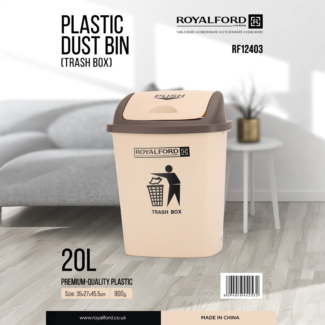 Royalford RF12403 Plastic Dust Bin 20L | Push Lid Durable Premium Plastic Trash Box for Home, Office, Bathroom,  Kitchen,  Bedroom & Daily Hygienic Waste Disposal Use