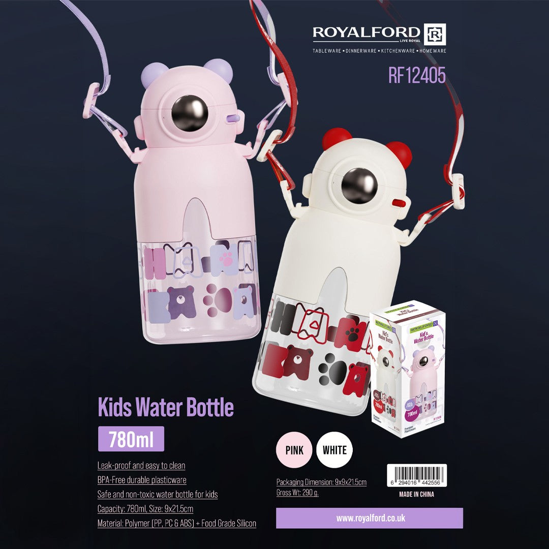 Royalford RF12405 Kids Water Bottle 780ml | BPA-Free | Leak-Proof Cute Bear Design Plastic Water Bottle | Carry Strap Safe Non-Toxic Drinking Bottle for School & Travel