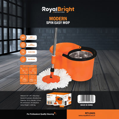 Royalford RF12421 Modern Spin Easy Mop with Bucket | 360° Rotating Microfiber Floor Cleaning Mop Set | Hands-Free Spin | Non-Splash Design | Large Capacity Bucket