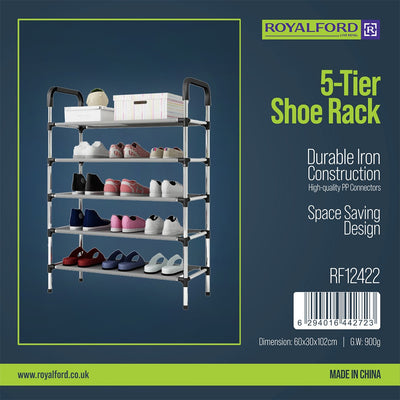 Royalford RF12422 5-Tier Shoe Rack | Durable Iron Frame with High-Quality PP Connectors | Space-Saving Multi-Layer Storage Shelf for Shoes| Lightweight| Easy to Assemble