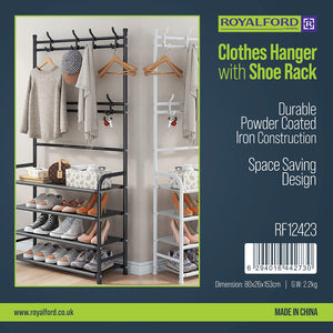 Royalford RF12423 Clothes Hanger with Shoe Rack | Durable Powder-Coated Iron Construction| Multi-Layer Shoe Storage| Space-Saving Organizer for Clothes & Accessories