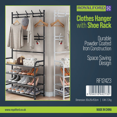 Royalford RF12423 Clothes Hanger with Shoe Rack | Durable Powder-Coated Iron Construction| Multi-Layer Shoe Storage| Space-Saving Organizer for Clothes & Accessories