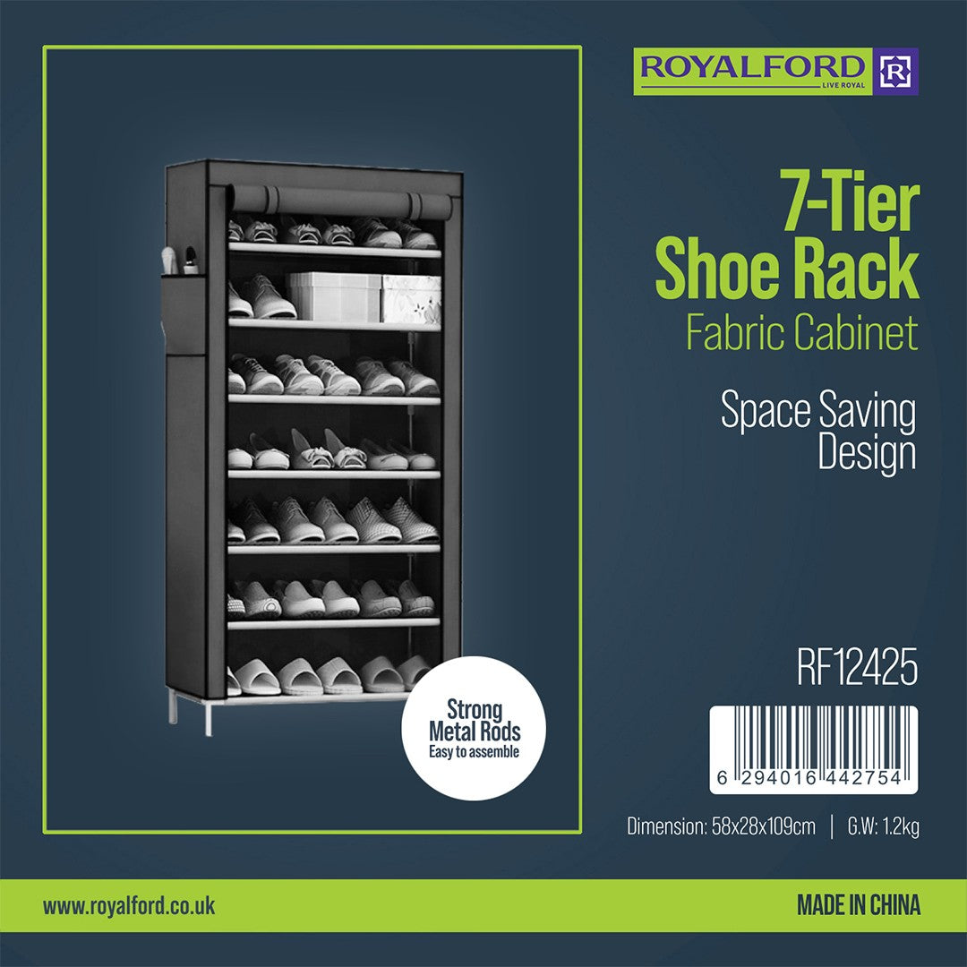 Royalford RF12425 7-Tier Shoe Rack Fabric Cabinet | Space-Saving Vertical Shoe Organizer | Strong Metal Rods| Dust-Proof Fabric Cover| Easy Assembly & Lightweight Design