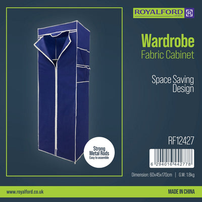 Royalford RF12427 Fabric Wardrobe Cabinet | Space-Saving Cloth Cupboard| Strong Metal Rods| Durable Non-Woven Fabric Cover| Zippered Front Door & Easy Assembly
