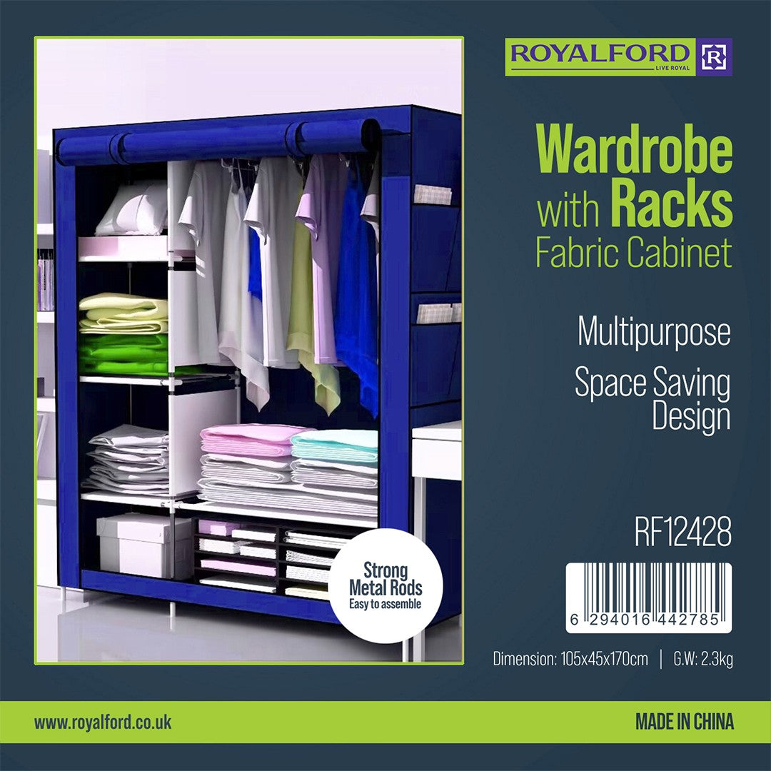 Royalford RF12428 Wardrobe with Racks Fabric Cabinet |Strong Metal Rods| Multipurpose Storage| Space-Saving Organizer| Portable Fabric Wardrobe for Clothes & Accessories