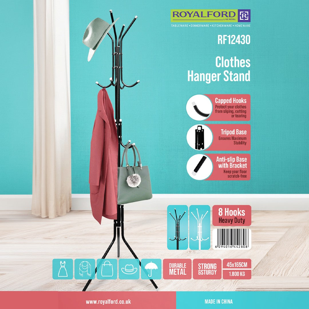 Royalford RF12430 Clothes Hanger Stand with 8 Hooks | Heavy Duty Metal Coat Rack | Stable Tripod Base | Capped Hooks & Anti-Slip Floor Protection for Home & Office Use