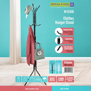 Royalford RF12430 Clothes Hanger Stand with 8 Hooks | Heavy Duty Metal Coat Rack | Stable Tripod Base | Capped Hooks & Anti-Slip Floor Protection for Home & Office Use