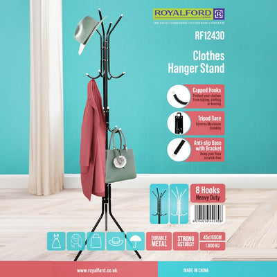 Royalford RF12430 Clothes Hanger Stand with 8 Hooks | Heavy Duty Metal Coat Rack | Stable Tripod Base | Capped Hooks & Anti-Slip Floor Protection for Home & Office Use