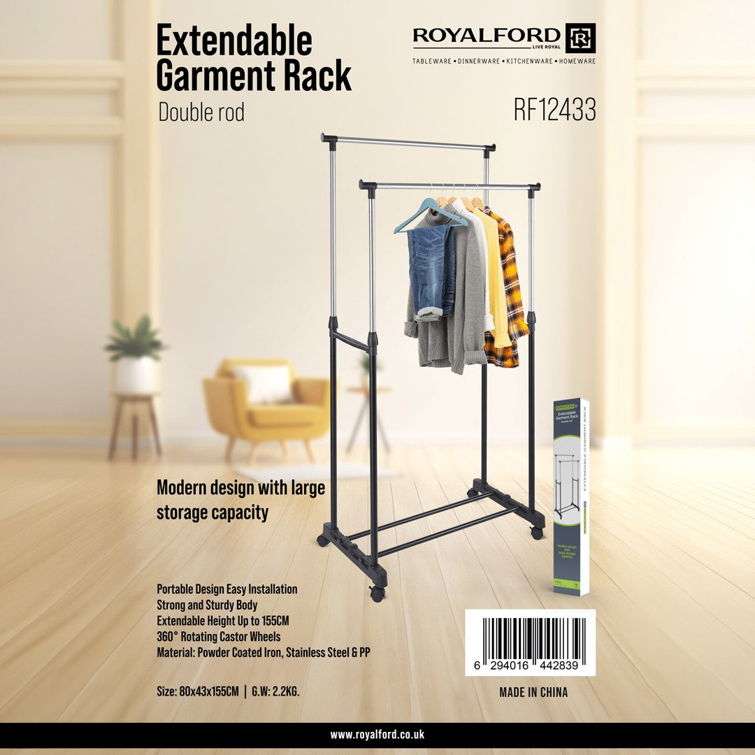 Royalford RF12433 Extendable Double Rod Garment Rack with Wheels | Adjustable Height | Portable Clothes Hanging Stand for Bedroom, Laundry, Room and Retail Display Use