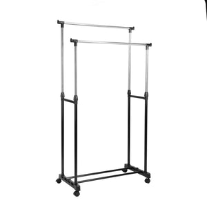 Royalford RF12433 Extendable Double Rod Garment Rack with Wheels | Adjustable Height | Portable Clothes Hanging Stand for Bedroom, Laundry, Room and Retail Display Use