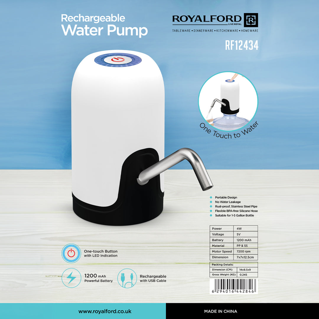 Royalford RF12434  Rechargeable Water Pump for 1–5 Gallon Bottles |  USB Charging Automatic Water Dispenser |  Stainless Steel Spout  |  BPA Free Silicone Hose