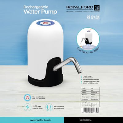 Royalford RF12434  Rechargeable Water Pump for 1–5 Gallon Bottles |  USB Charging Automatic Water Dispenser |  Stainless Steel Spout  |  BPA Free Silicone Hose