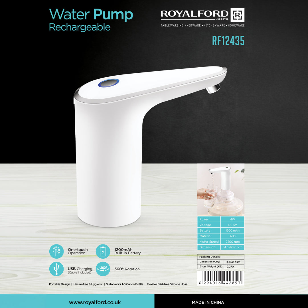 Royalford RF12435 Rechargeable Water Pump | USB Charging | 1200mAh Built-in Battery| One-Touch Operation  | 360° Rotation |  1–5 Gallon Bottles |  BPA-Free Hose