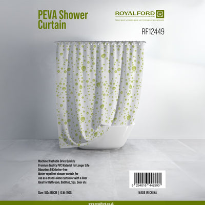 Royalford RF12449 PEVA shower curtain 180x180cm| water-repellent, quick-drying and machine washable| odourless and chlorine-free curtain ideal for bathroom use|