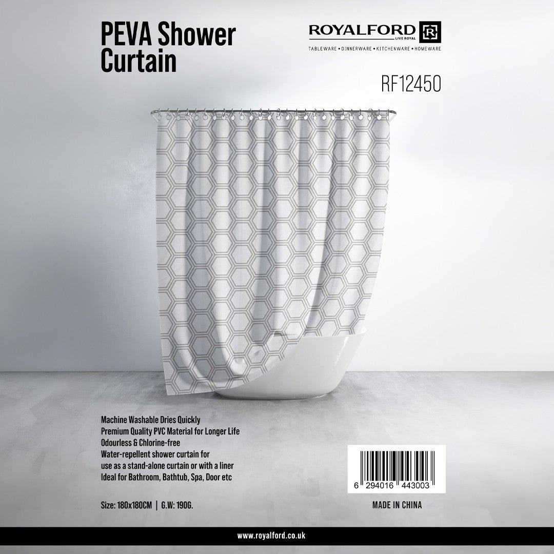 Royalford RF12450 PEVA shower curtain 180x180cm| water-repellent, quick-drying and machine washable| odourless and chlorine-free curtain ideal for modern bathrooms|