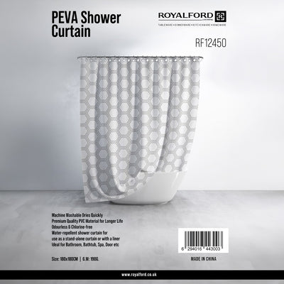 Royalford RF12450 PEVA shower curtain 180x180cm| water-repellent, quick-drying and machine washable| odourless and chlorine-free curtain ideal for modern bathrooms|