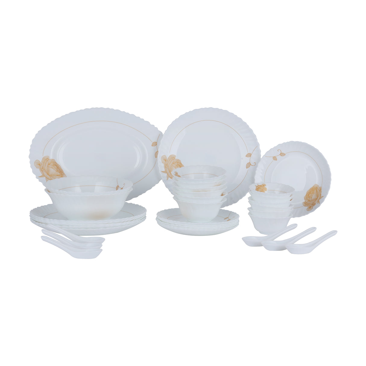 Royalford RF12470 Opalware Dinner Set 33 Pieces with Plates, Bowls and Soup Spoons | Lightweight | Chip-Resistant Microwave and Dishwasher Safe Tableware |Elegant Design