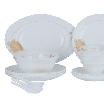 Royalford RF12470 Opalware Dinner Set 33 Pieces with Plates, Bowls and Soup Spoons | Lightweight | Chip-Resistant Microwave and Dishwasher Safe Tableware |Elegant Design