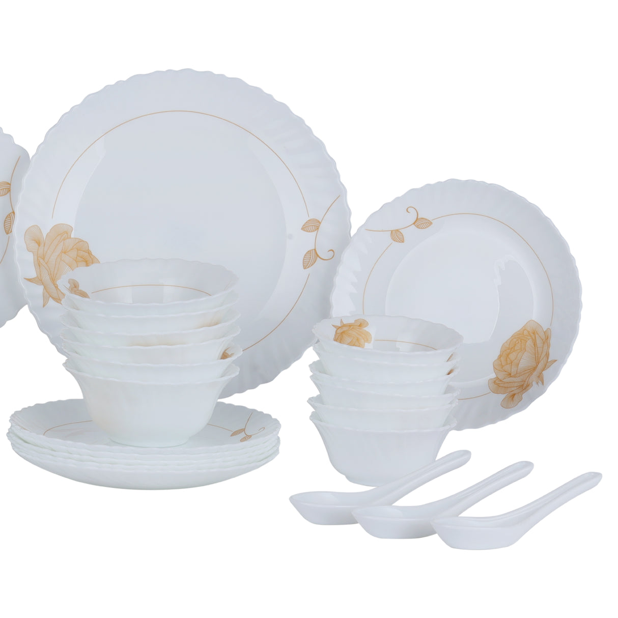 Royalford RF12470 Opalware Dinner Set 33 Pieces with Plates, Bowls and Soup Spoons | Lightweight | Chip-Resistant Microwave and Dishwasher Safe Tableware |Elegant Design