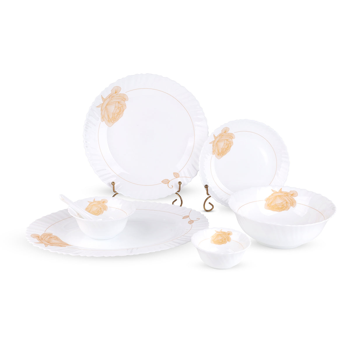 Royalford RF12470 Opalware Dinner Set 33 Pieces with Plates, Bowls and Soup Spoons | Lightweight | Chip-Resistant Microwave and Dishwasher Safe Tableware |Elegant Design