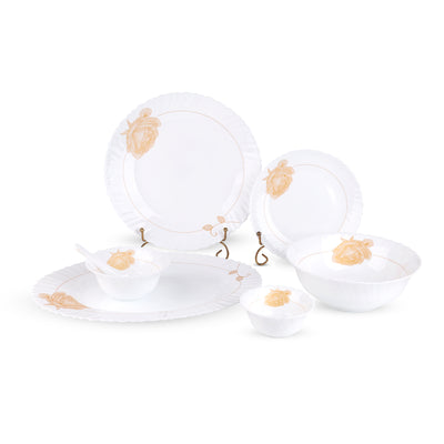Royalford RF12470 Opalware Dinner Set 33 Pieces with Plates, Bowls and Soup Spoons | Lightweight | Chip-Resistant Microwave and Dishwasher Safe Tableware |Elegant Design