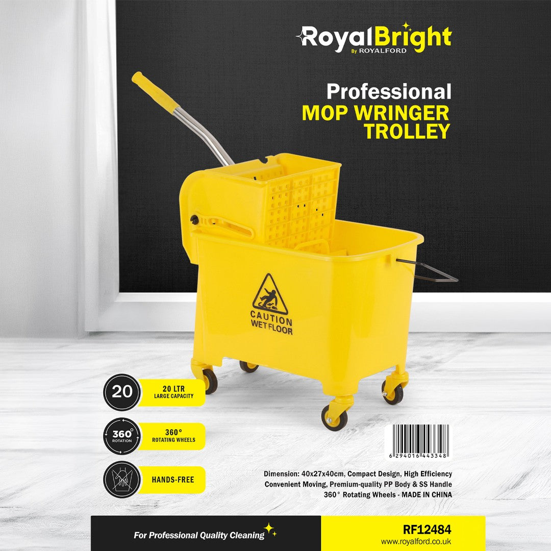 Royalford Professional Mop Wringer Trolley | 20L Heavy-Duty Bucket| Hands-Free Wringing| 360° Rotating Wheels & Stainless Steel Handle| Perfect  for Commercial Use