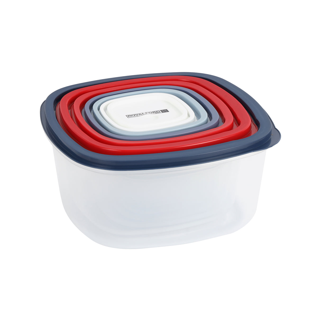 Royalford Square Plastic Food Storage Container- RF12485/ Pack of 7 Containers, 170 ml, 300 ml, 615 ml, 1025 ml, 1800 ml, 2900 ml, 5000 ml, Storage Box for Food, Leftover, Marinades, Dough, etc., for Kitchen Organization/ Multicolor with Transparent Body