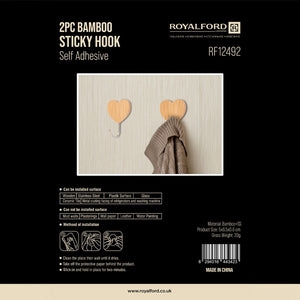 Royalford RF12492 Bamboo Sticky Hooks 2PC Set | Self Adhesive Wall Hooks | Strong Hold Waterproof Multipurpose Organizer for Kitchen, Bathroom &  Bedroom | Reusable