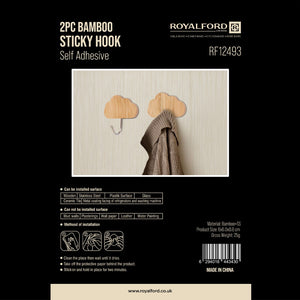 Royalford RF12493 Bamboo Sticky Hooks 2PC Set | Self Adhesive Wall Hooks | Waterproof Multipurpose Organizer for Kitchen, Bathroom & Bedroom | Reusable Cloud Design Hooks