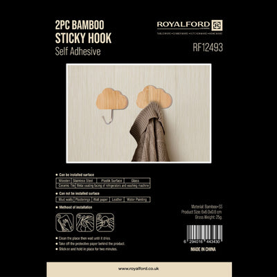 Royalford RF12493 Bamboo Sticky Hooks 2PC Set | Self Adhesive Wall Hooks | Waterproof Multipurpose Organizer for Kitchen, Bathroom & Bedroom | Reusable Cloud Design Hooks
