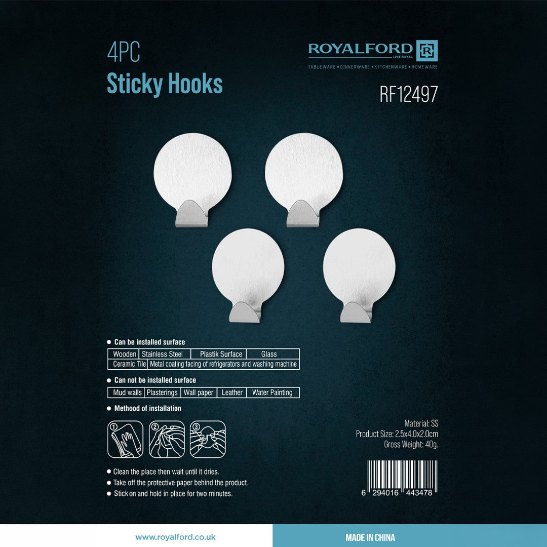 Royalford RF12497 4PC Stainless Steel Sticky Hooks | Self Adhesive Wall Hooks | Strong Hold | Multipurpose Organizer for Kitchen,  Bathroom,  Home and  Office Use